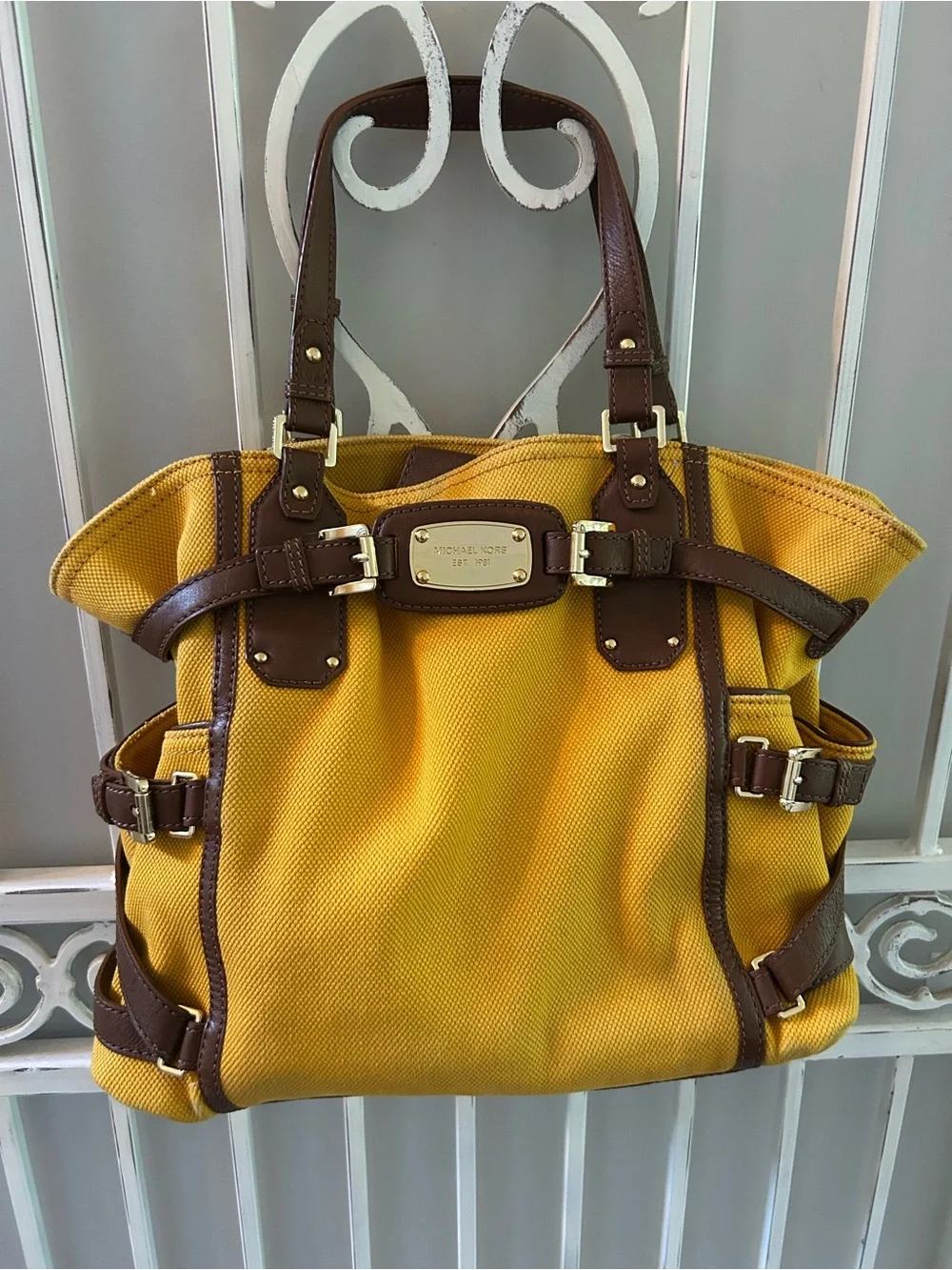 Michael Kors Yellow Canvas Tote with Brown Leather Accents